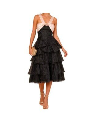 NWT Lulus Black Organza Tiered Midi Dress with Satin Bow